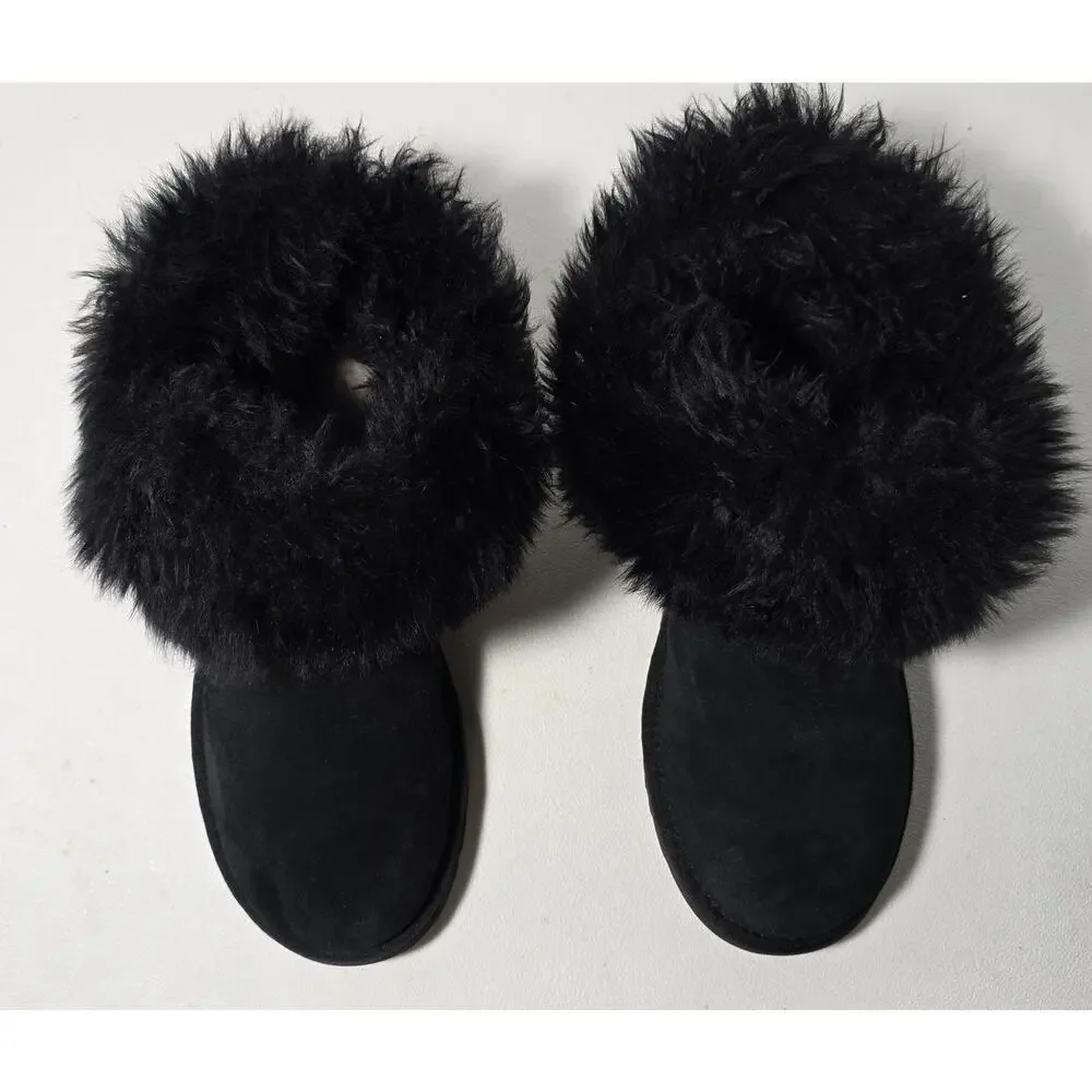 UGG Mini Fluff Collar Women's Black Booties Sheepskin Suede US Size 8 (1112491)